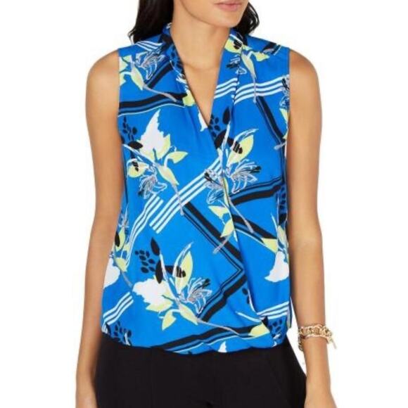 Alfani Women's Blue Floral Surplice Neck Sleeveless Faux Wrap Blouse sz Medium - Picture 2 of 5